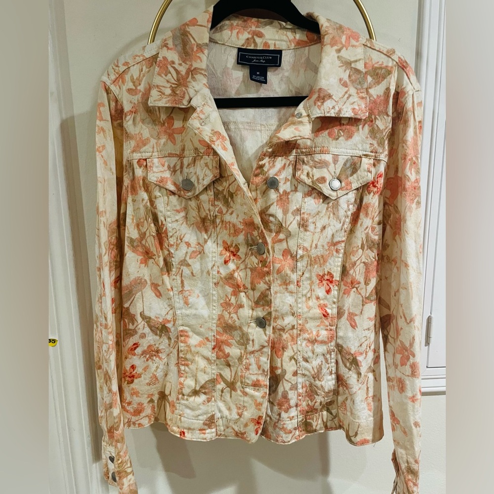Charter Club Floral Cotton-Blend Jean Jacket in Cream and Peach
